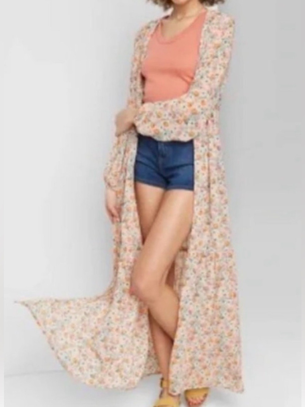 Peach Floral Maxi Kimono Duster Size XS S